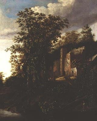 Bewaldete Flusslandschaft mit Bauern bei einem verfallenen Herrenhaus von Salomon Rombouts