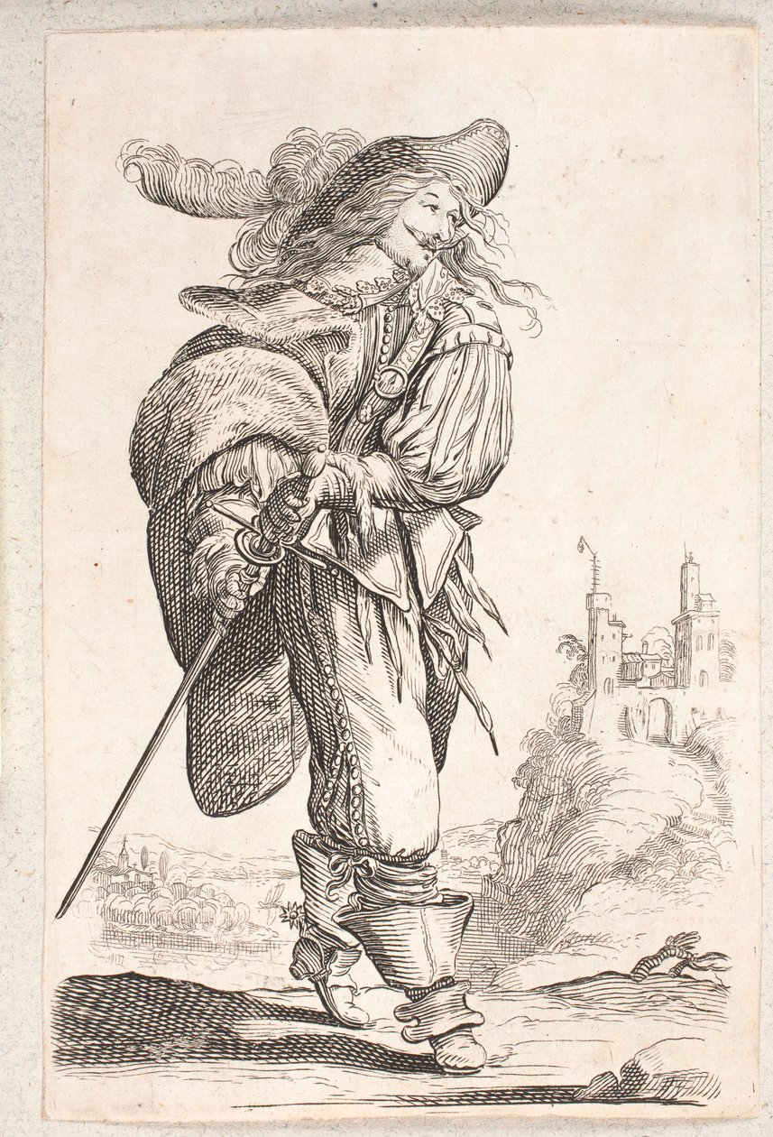 Gehender Mann, Dreiviertelprofil rechts, der nach dem Schwert an seiner Hüfte greift. Im Hintergrund eine Burg von Salomon Savery