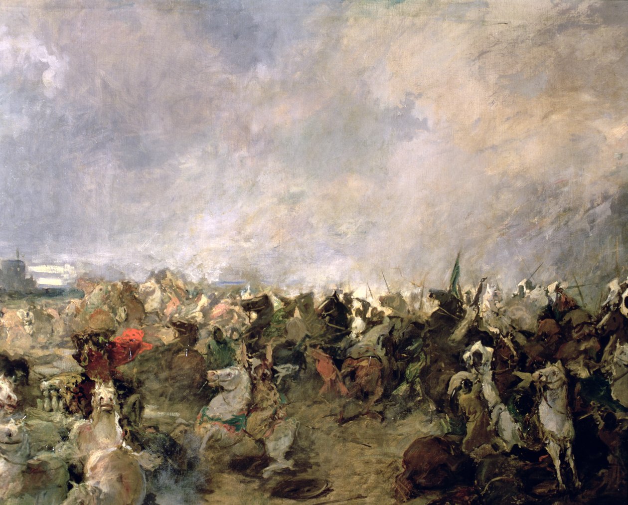 Die Schlacht von Guadalete, Detail der Flucht der Goten unter dem Kommando von König Roderich in Anwesenheit der muslimischen Kavallerie von Tarik Ibn Ziyad, 711 n. Chr. (Detail) von Salvador Martinez Cubells