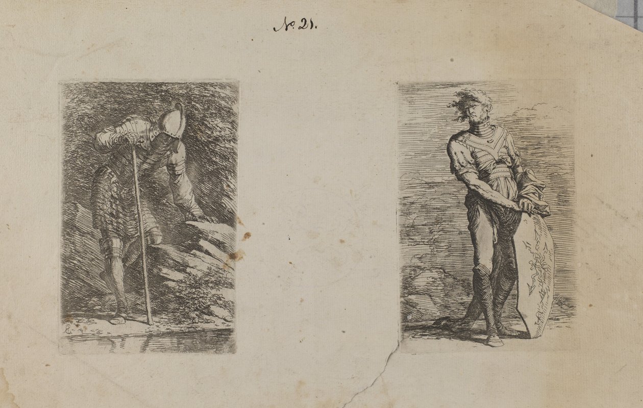 (Figurenserie) Gepanzerter Mann, der in den Bach schaut von Salvator Rosa