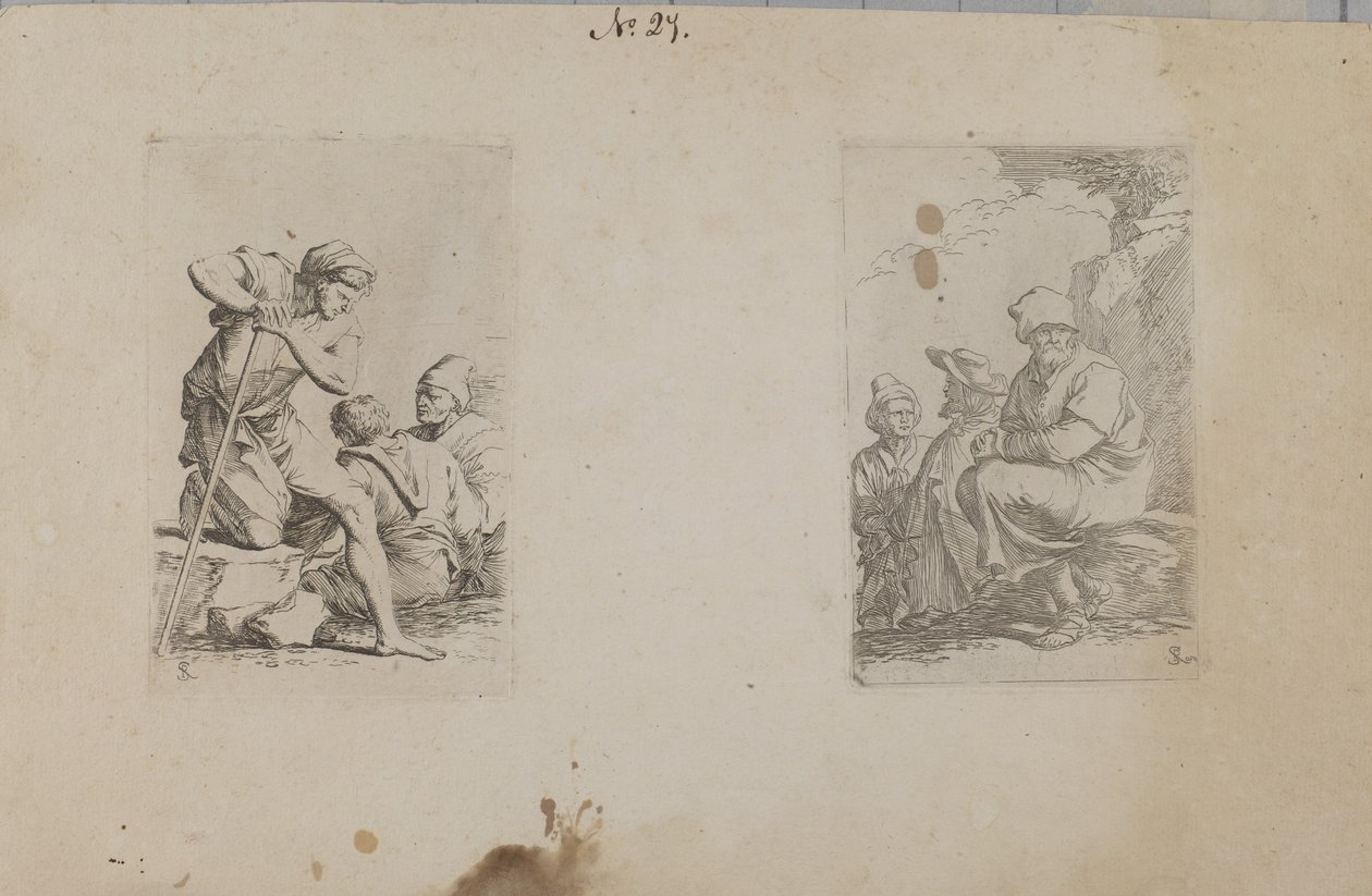 (Figurenserie) Mann kniet mit einem Bein auf Felsen von Salvator Rosa