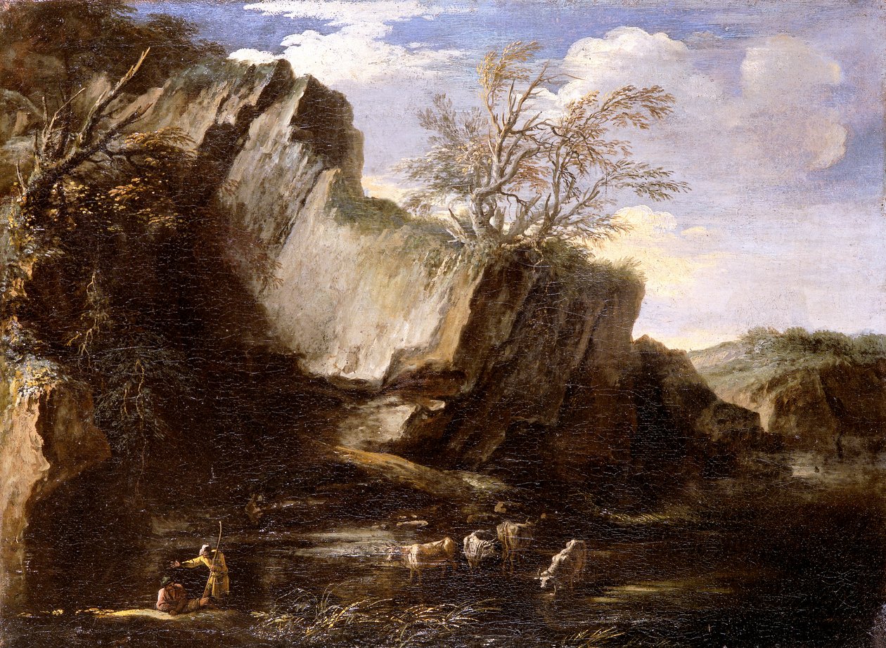 Felsige Landschaft mit Hirten und Vieh von Salvator Rosa