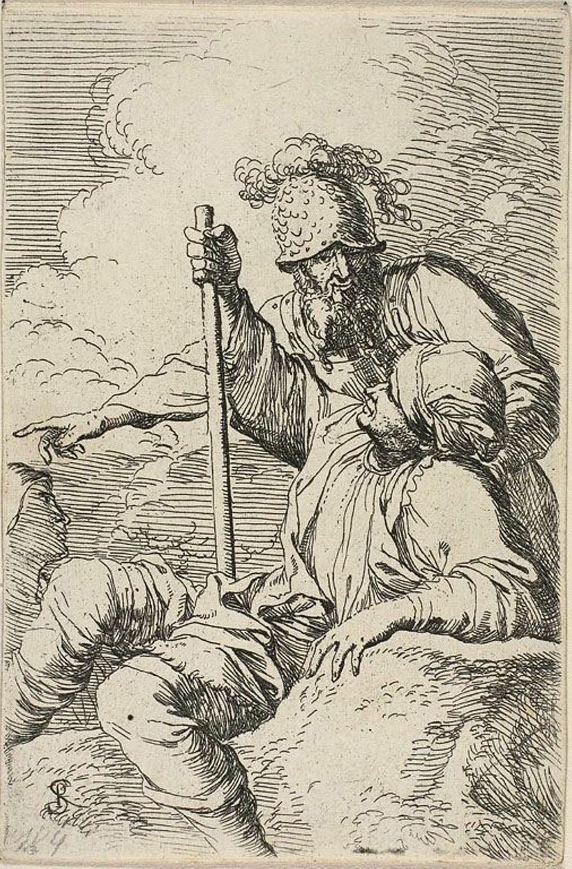 Drei Krieger, einer sitzt auf einem Felsen im Vordergrund und hält einen Stab; der zweite steht hinter ihm und zeigt, der dritte ist als Gesicht hinter ihnen zu sehen, aus der Figurinen-Serie von Salvator Rosa