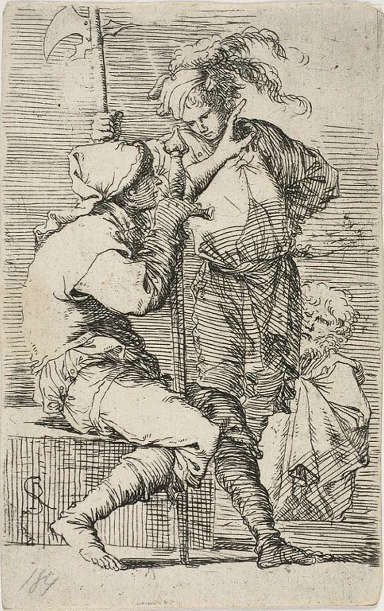 Zwei Krieger, einer mit Schwert, der andere mit Hellebarde; ein alter bärtiger Mann hinter ihnen, aus Figurine von Salvator Rosa
