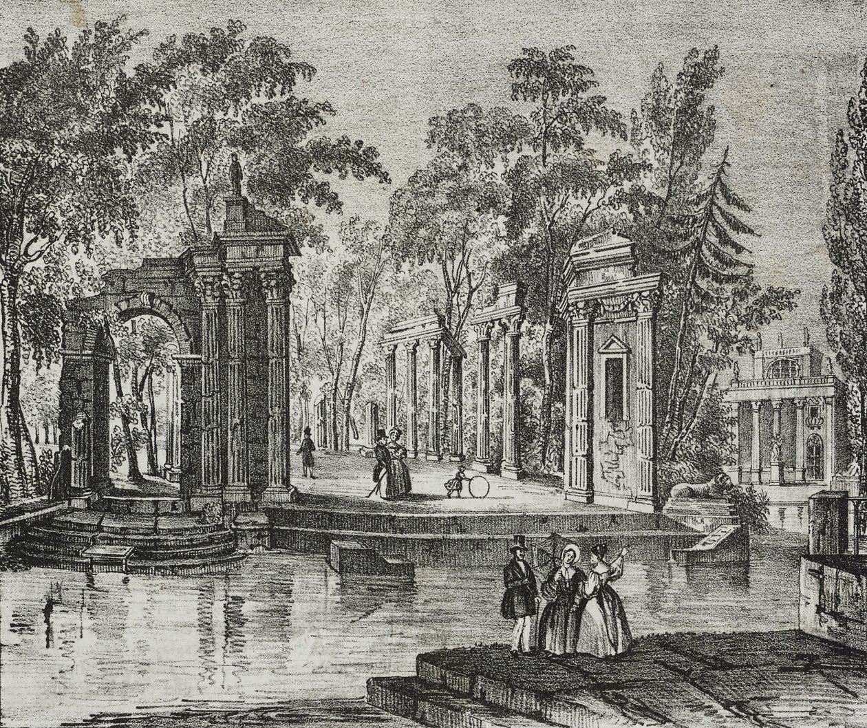 Amphitheater auf einer Insel im Lazienki-Park, Warschau, Polen, Lithographie von Salvatore Puglia von Salvatore Puglia