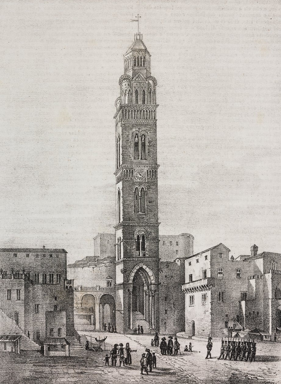 Glockenturm der Kathedrale von Gaeta, Latium, Italien, Lithografie von Salvatore Puglia nach einer Zeichnung von Pasquale Mattei (1813-1879), aus Poliorama Pittoresco, Nr. 48, 6. Juli von Salvatore Puglia