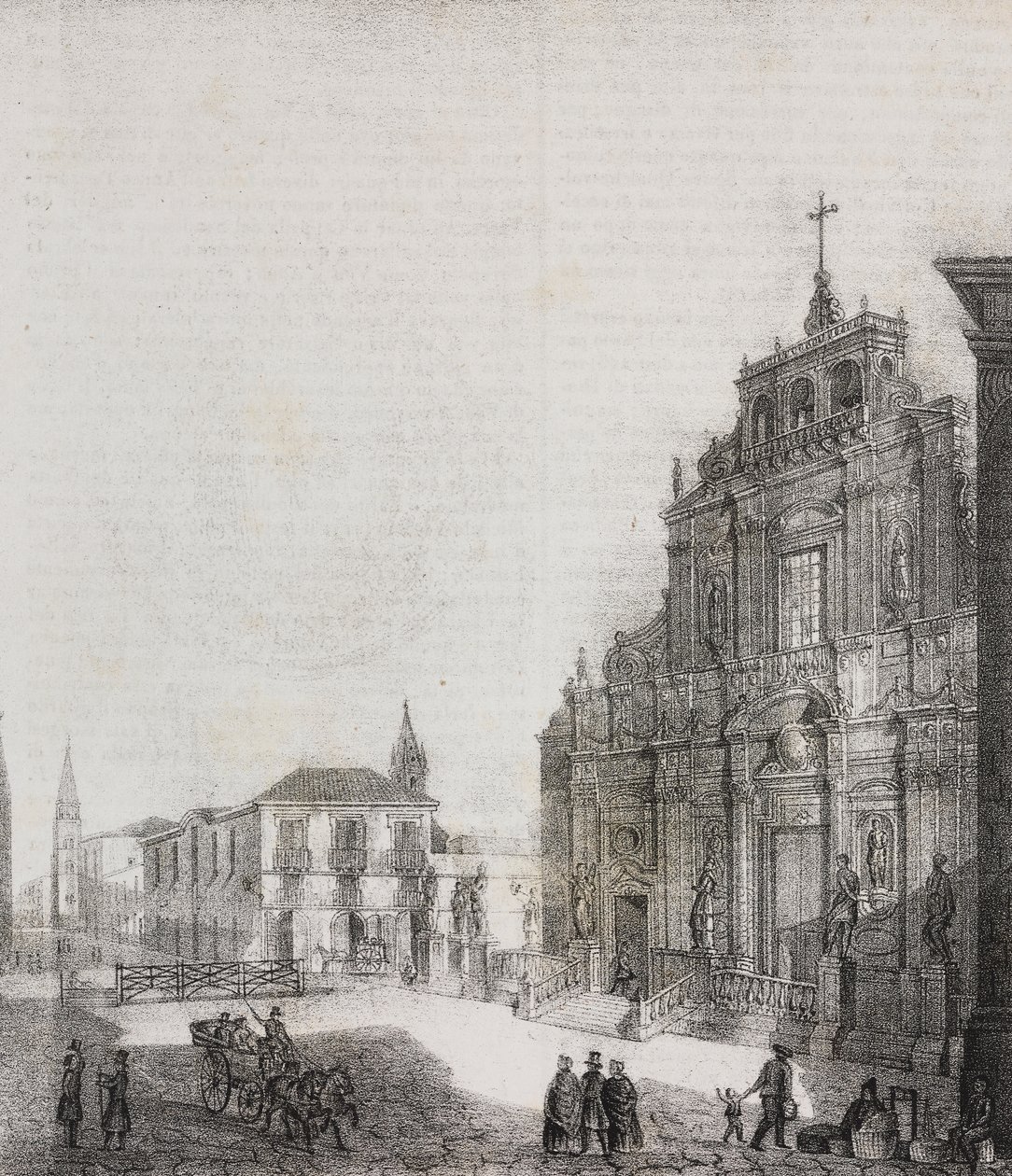 Fassade der Basilika San Sebastiano in Acireale, Sizilien, Italien, Lithographie von Salvatore Puglia aus Poliorama Pittoresco, Nr. 39, 3. Mai von Salvatore Puglia