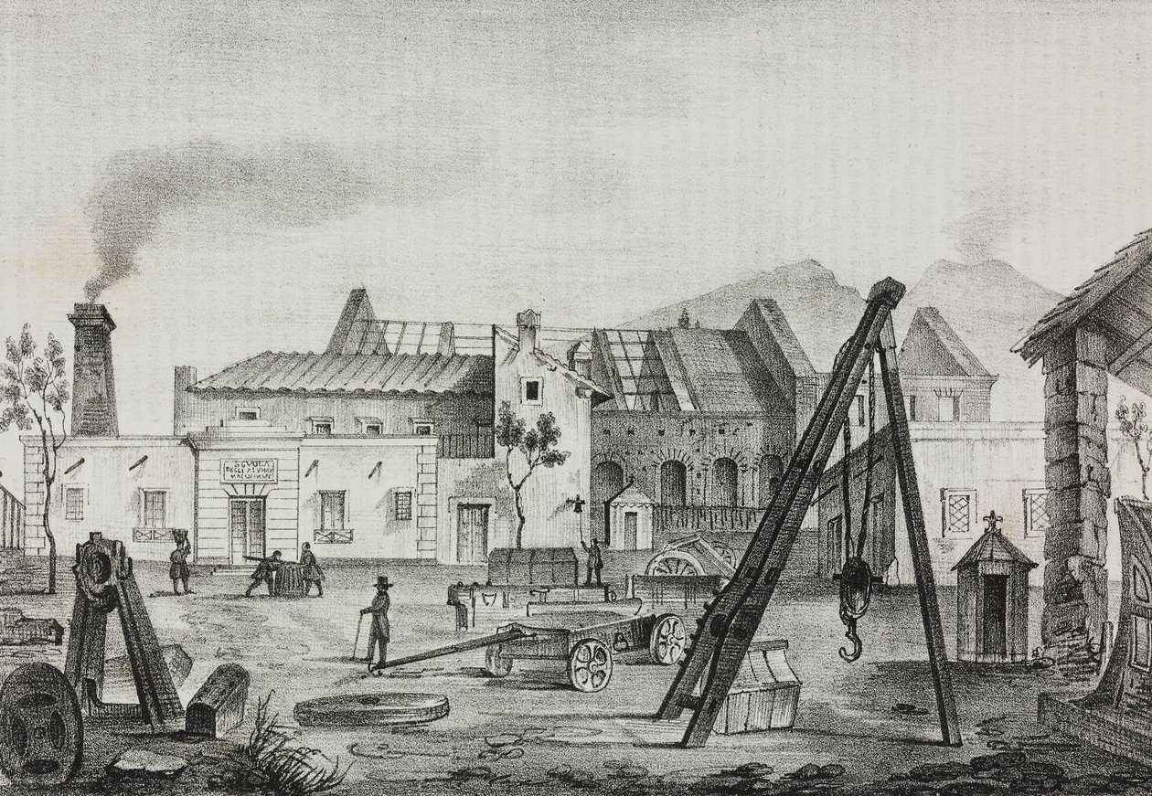 Reale Opificio meccanico (Königliche Mechanische Fabrik) in Pietrarsa, Kampanien, Italien, Lithographie von Gaetano Riccio aus Poliorama Pittoresco, Nr. 39, 7. Mai von Salvatore Puglia