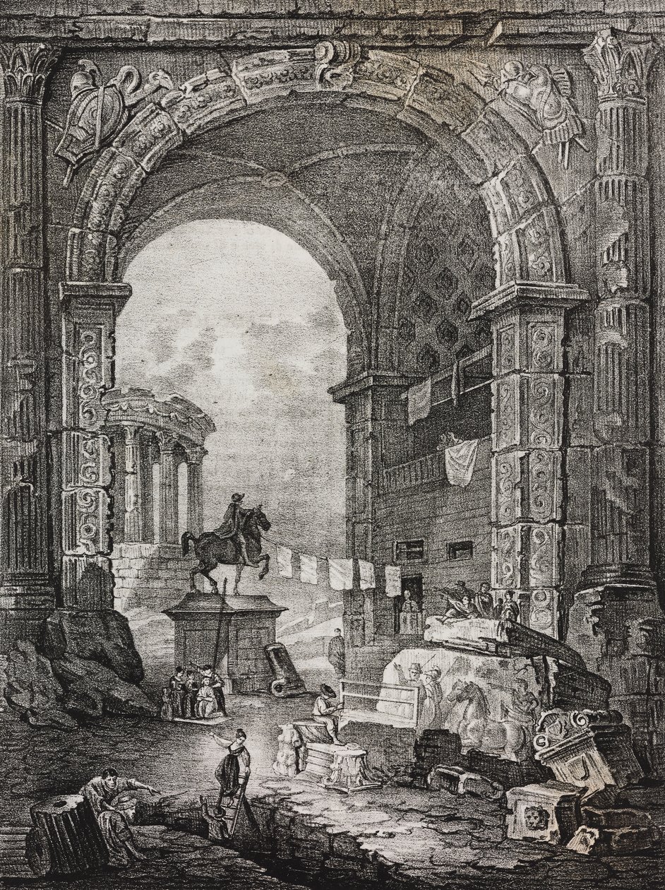 Römische Ruinen, Gemälde von Hubert Robert (1733-1808), Lithographie von Salvatore Puglia aus Poliorama Pittoresco, Nr. 28, 17. Februar von Salvatore Puglia
