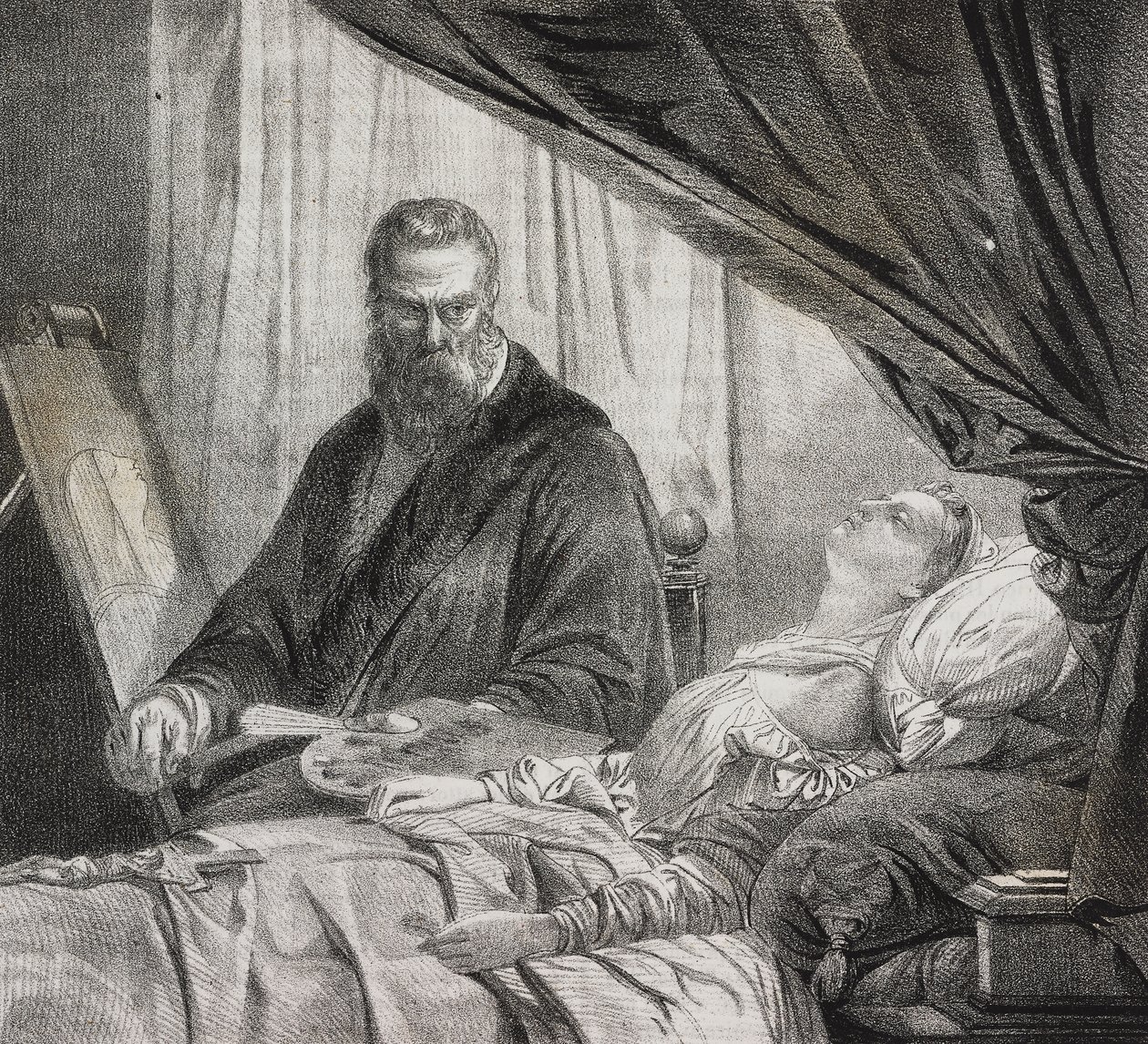 Tintoretto malt seine tote Tochter, Lithographie von Salvatore Puglia aus Poliorama Pittoresco, Nr. 27, 10. Februar von Salvatore Puglia