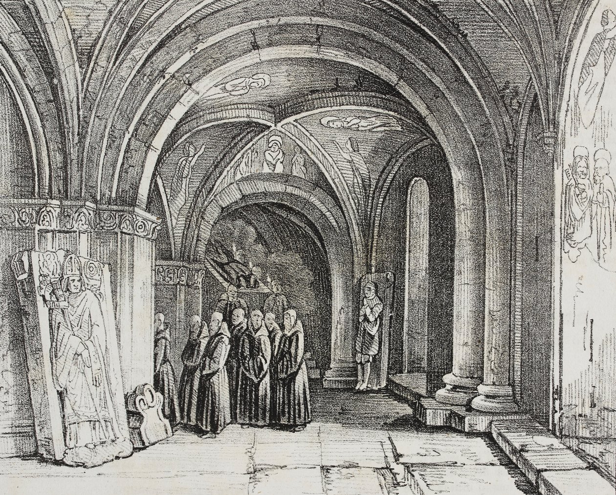Unterirdische Kirche des Basler Münsters, Schweiz, Lithographie von Salvatore Puglia aus Poliorama Pittoresco, Nr. 50, 22. Juli von Salvatore Puglia
