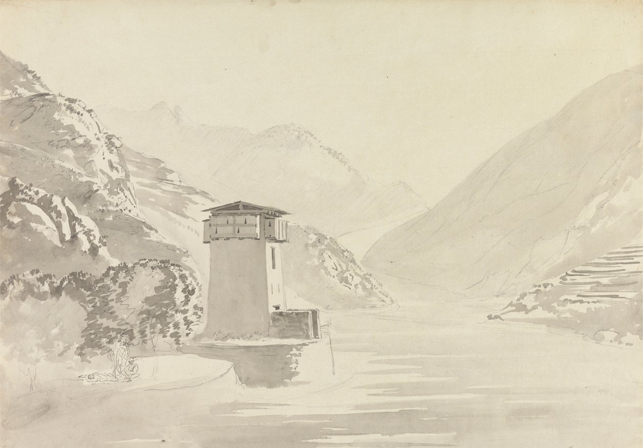 Blick von der Brücke bei Wandepore [Wangdu Phodrang] von Samuel Davis