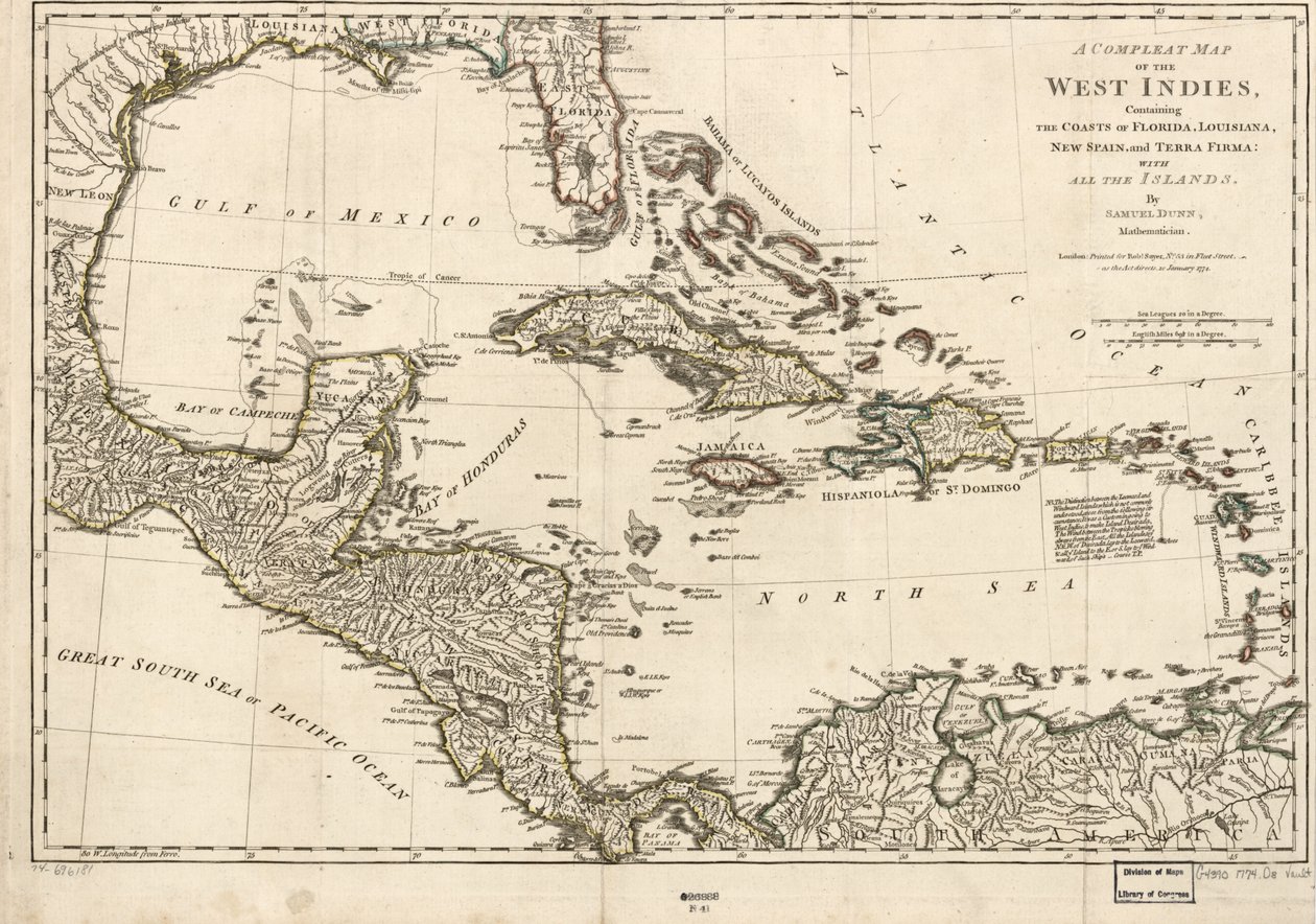 Eine vollständige Karte der Westindischen Inseln mit den Küsten von Florida, Louisiana, Neuspanien und Terra Firma: Mit allen Inseln. von Samuel Dunn