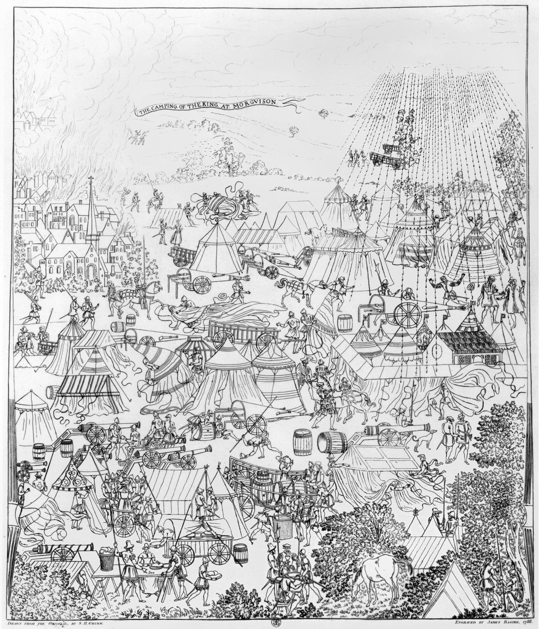 Das Lager von König Heinrich VIII. in Marquison, Juli 1544, radiert von James Basire, 1788 von Samuel Hieronymous Grimm