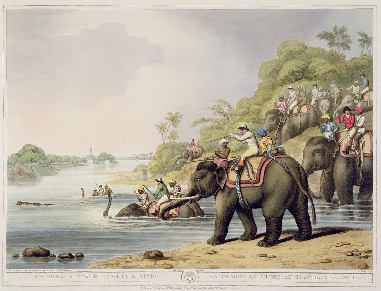 Verfolgung eines Tigers über einen Fluss, aus Oriental Field Sports, veröffentlicht von Edward Orme, 1807 von Samuel Howett