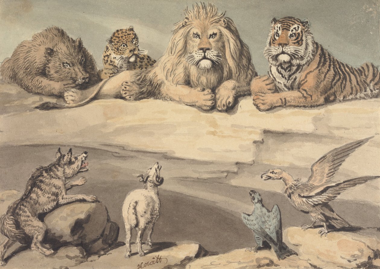 Ein Wildschwein, ein Leopard, ein Löwe, ein Tiger, ein Wolf, ein Widder und zwei Adler von Samuel Howitt