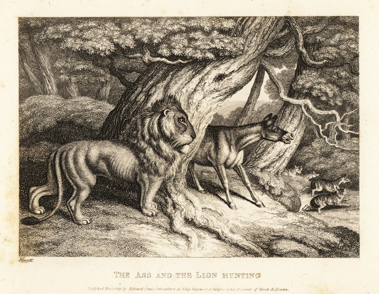 Ein Esel schreit laut bei der Jagd mit einem Löwen. 1811 (Radierung) von Samuel Howitt