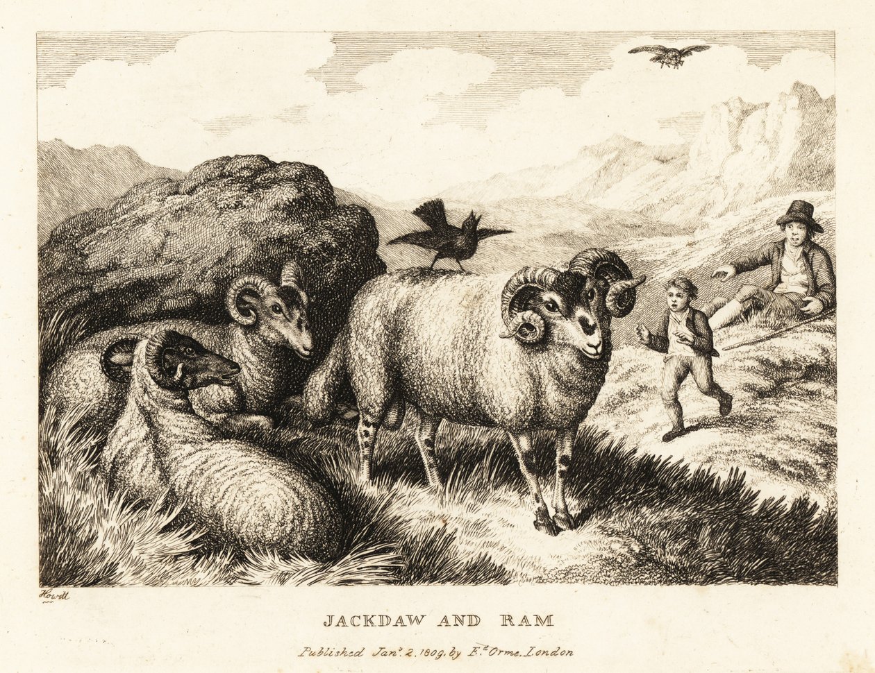 Eine Dohle singt auf dem Rücken eines Widders. 1811 (Radierung) von Samuel Howitt