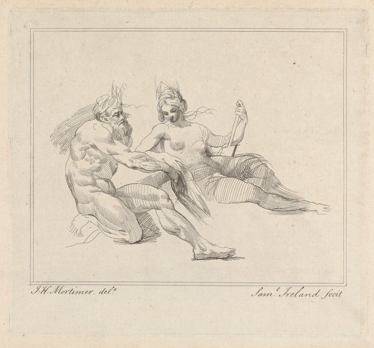 Drei Radierungen auf einem Blatt: Zwei mythologische Figuren von Samuel Ireland