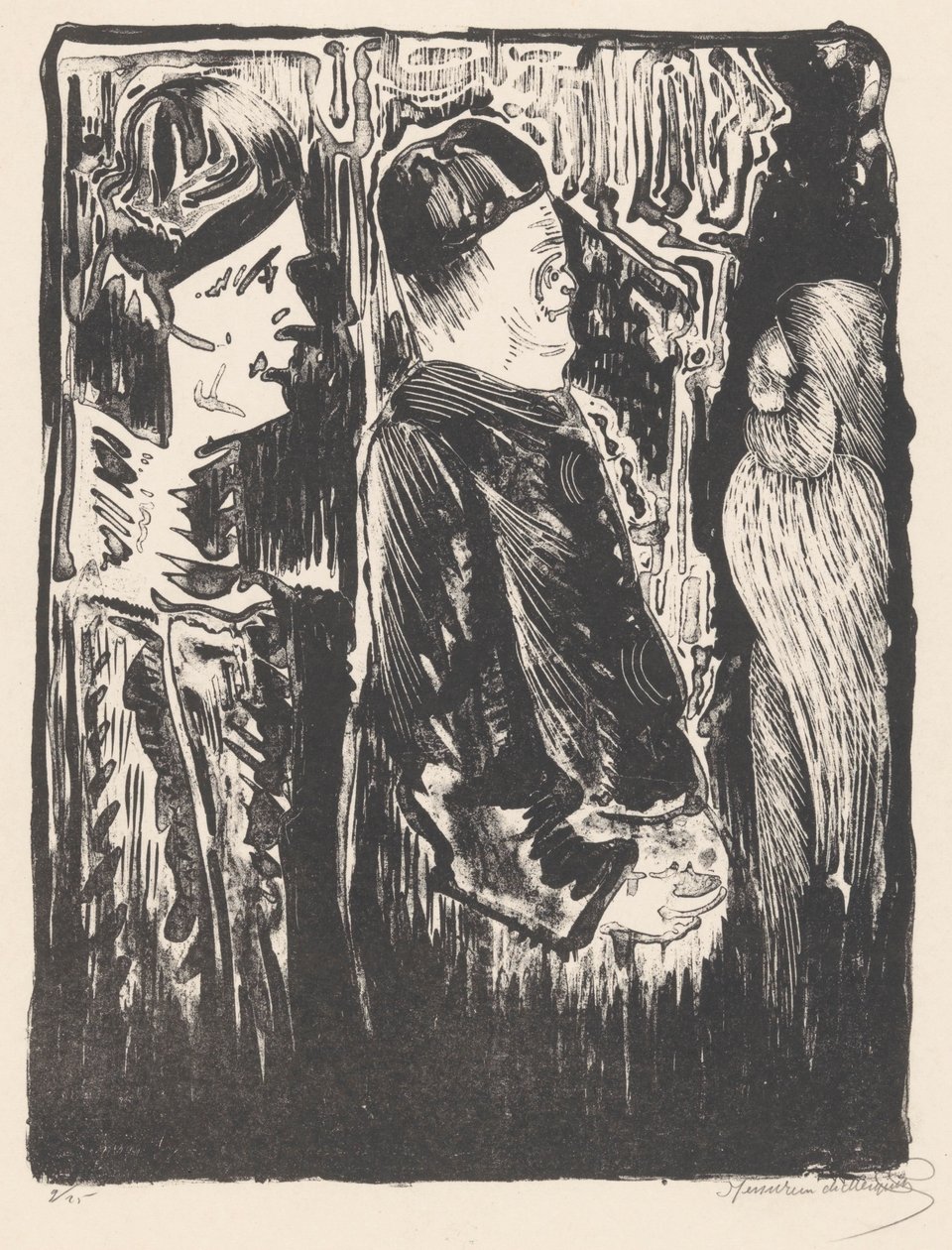 Fantasie: links zwei Figuren mit Mützen nach rechts, rechts eine eingekratzte Erscheinung mit Federkleid von Samuel Jessurun de Mesquita