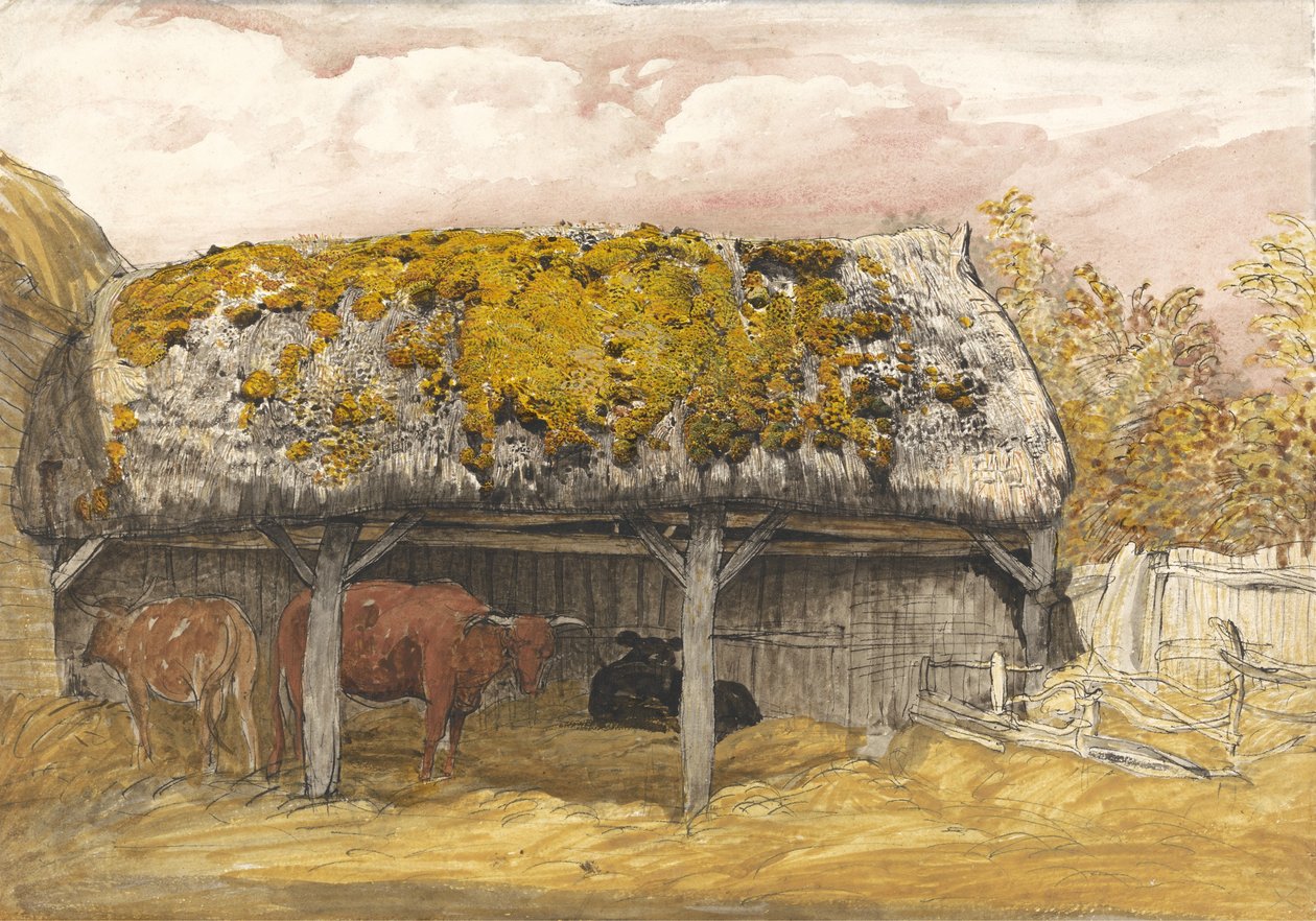 Ein Kuhstall mit moosigem Dach, ca. 1829 von Samuel Palmer