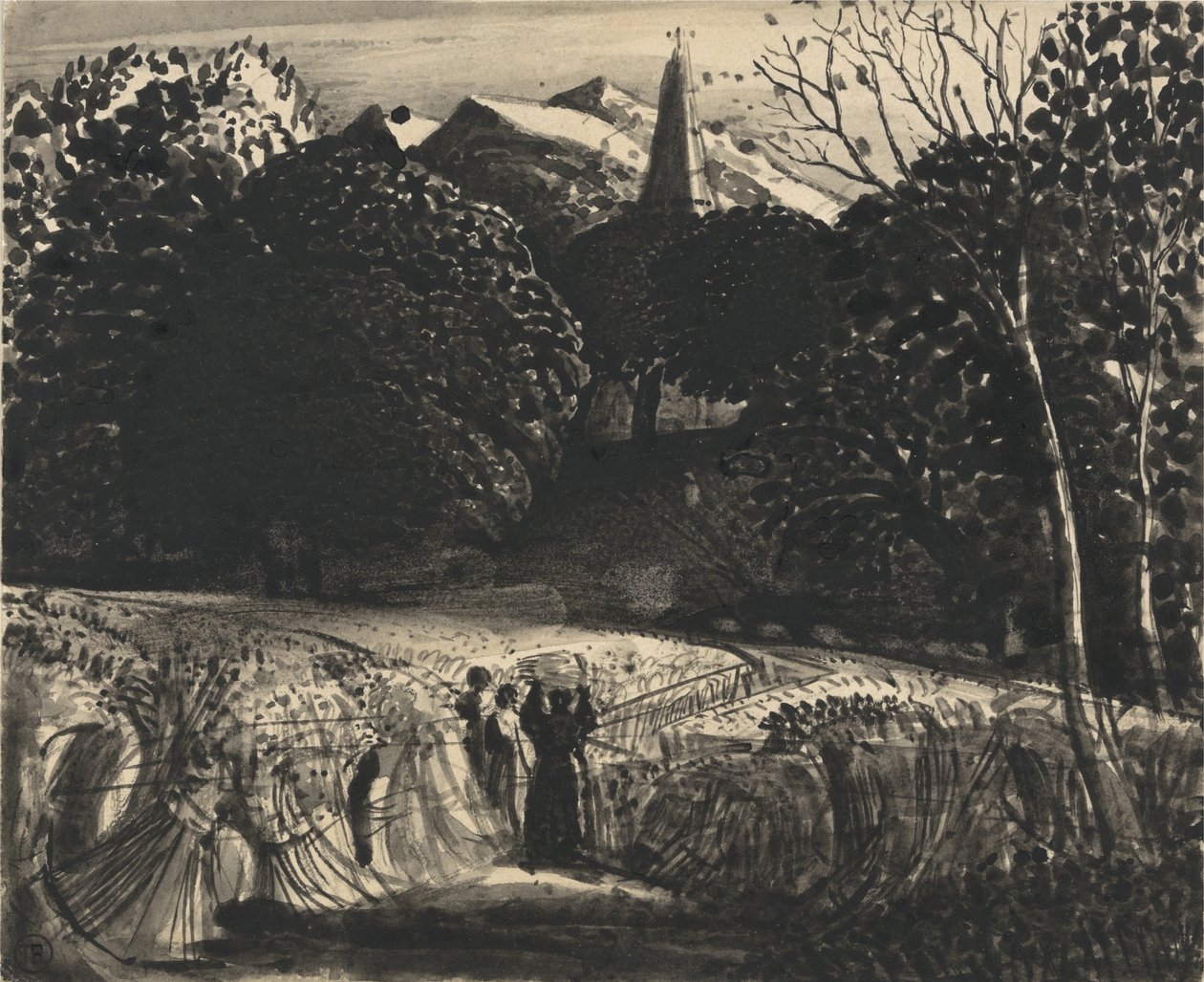 Kornfeld und Kirche im Mondlicht von Samuel Palmer