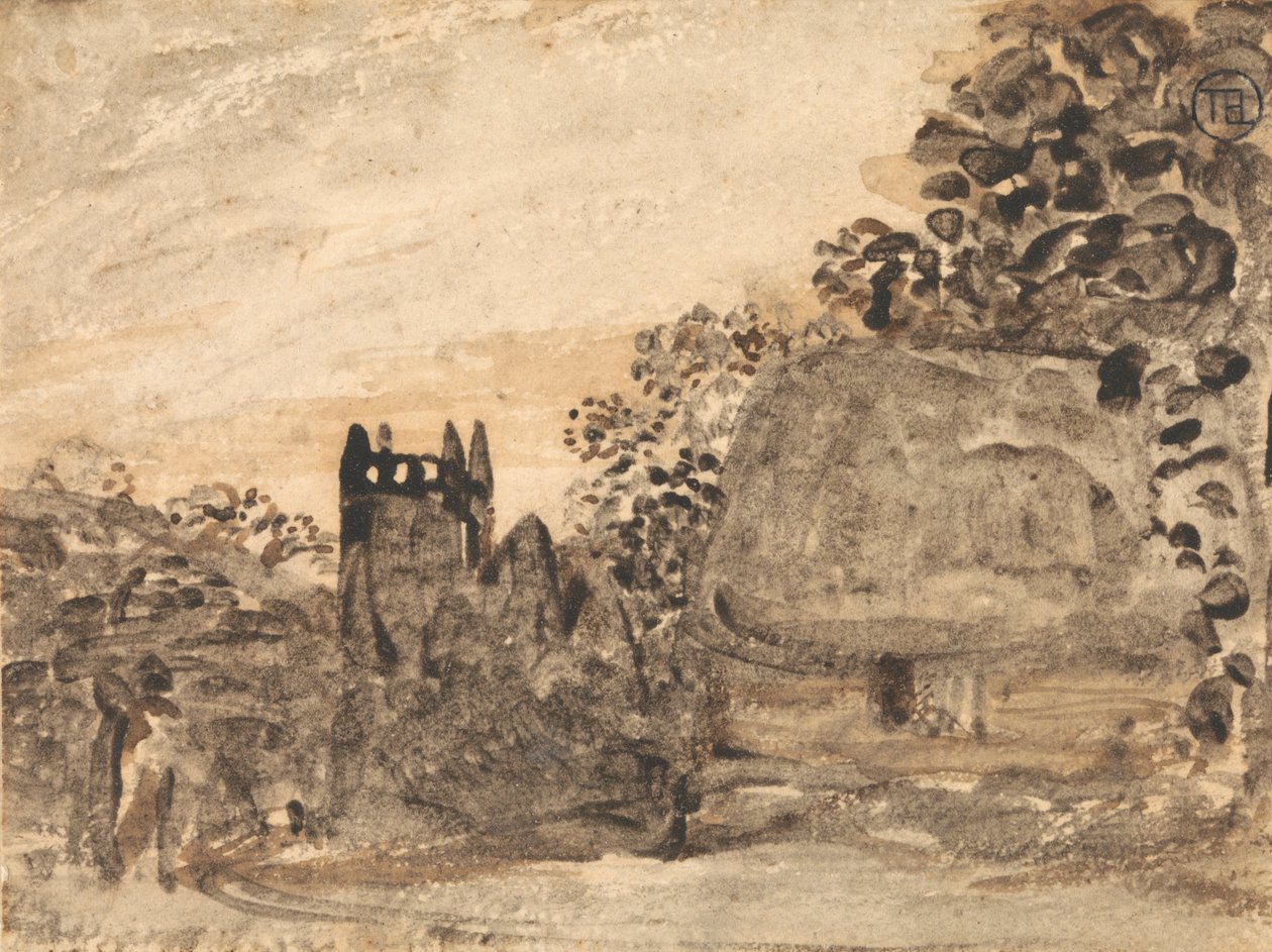 Reetgedecktes Cottage und Kirche von Samuel Palmer