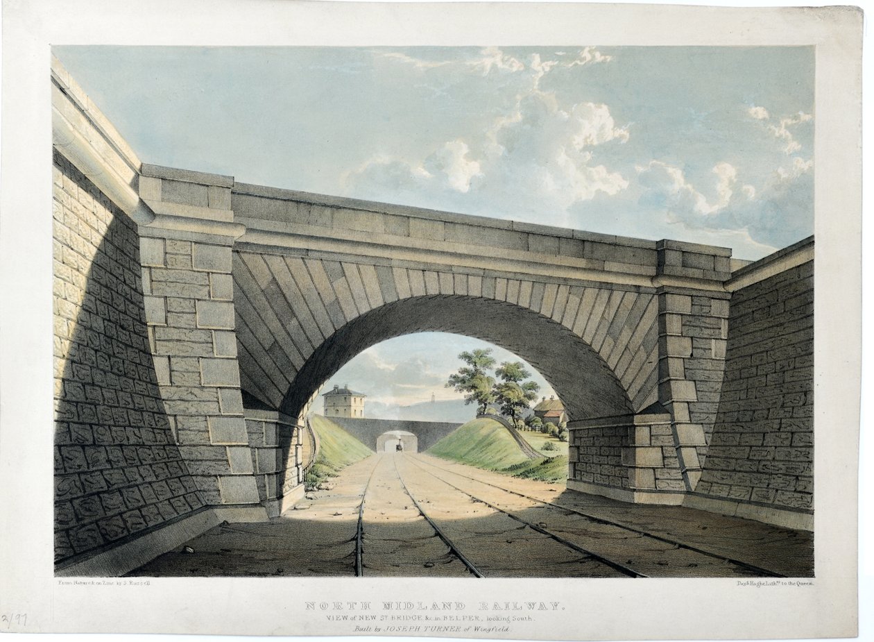 North Midland Railway. Blick auf die New Street Bridge usw. in Belper, Blick nach Süden, um 1840 von Samuel Russell