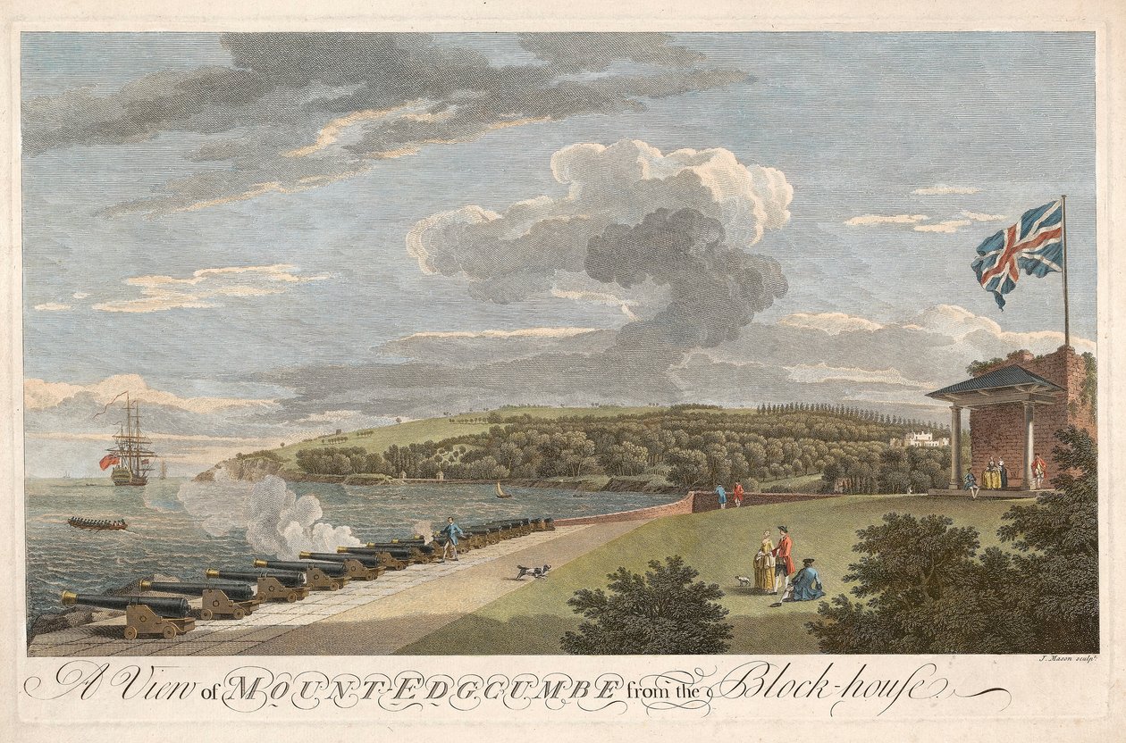 Eine Ansicht von Mount Edgcumbe vom Blockhaus aus, veröffentlicht 1755 von Samuel Scott
