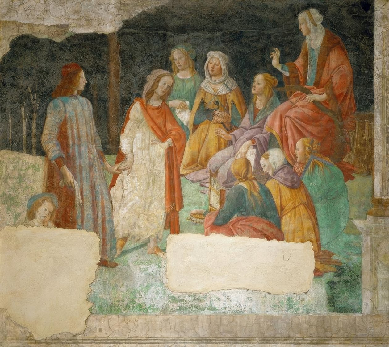 Ein Jüngling (Lorenzo Tornabuoni?) wird von Minerva in den von Sandro Botticelli