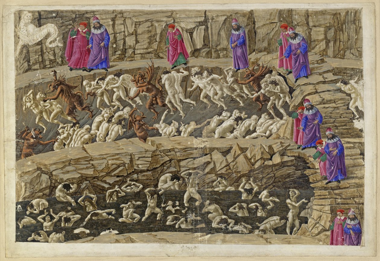 Die Göttliche Komödie, Inferno XVIII. Vergil und Dante im achten Kreis der Hölle (Malebolge), 1. und 2. Bolgia: Bestrafung der Kuppler und Verführer, der Schmeichler und Huren von Sandro Botticelli