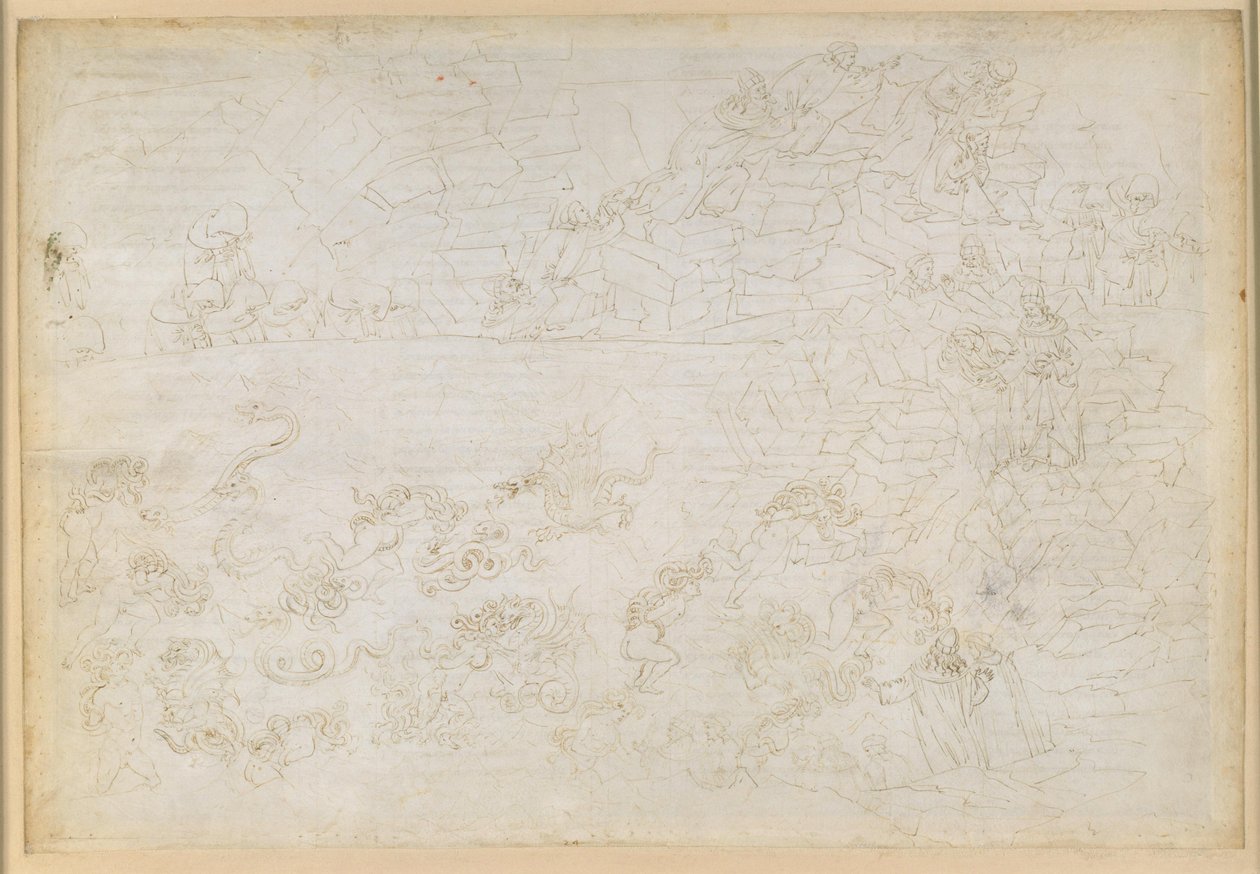 Die Göttliche Komödie, Inferno XXIV. Vergil und Dante im achten Kreis der Hölle (Malebolge), 7. Bolgia: Bestrafung der Diebe und Räuber; Die Weissagungen des Vanni Fucci von Sandro Botticelli