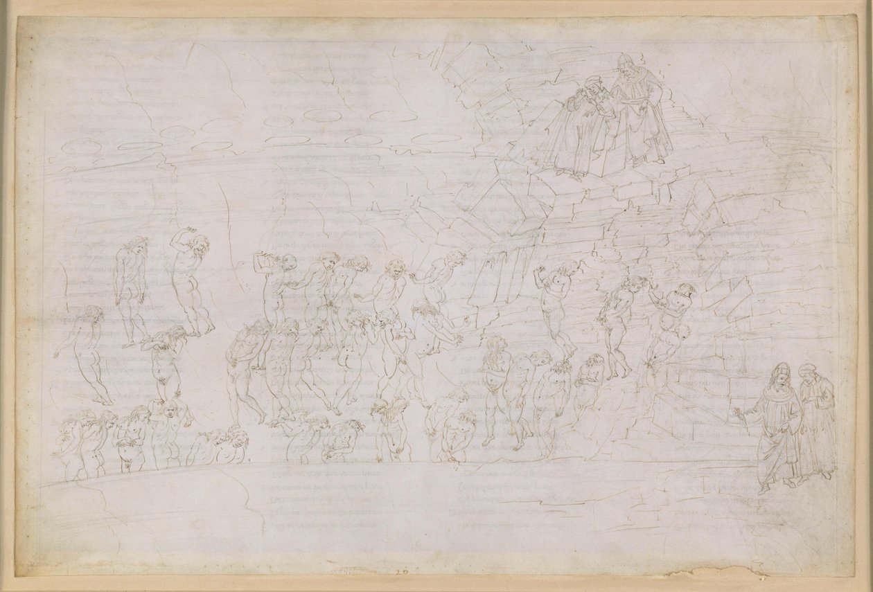 Die Göttliche Komödie, Inferno XX. Vergil und Dante im achten Kreis der Hölle (Malebolge), 4. Bolgia: Bestrafung der Zauberer und Wahrsager; Begegnung mit Manto von Sandro Botticelli