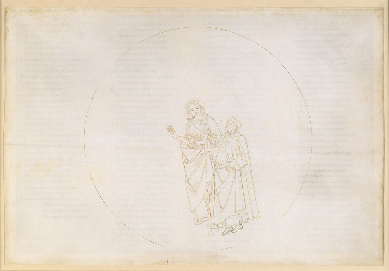 Die Göttliche Komödie, Paradiso IX. Dritte Planetensphäre (Himmel der Venus): Cunizza d Romano und Folquet von Marseille erläutern Dante das Wesen ihres Sterns von Sandro Botticelli