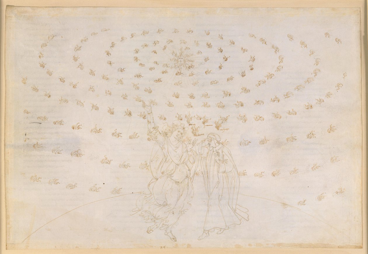 La Divina Commedia, Paradiso XXVI. Achte Sphäre (Fixsternhimmel): Johannes befragt Dante zur dritten theologischen Tugend, der Liebe; Dante erhält seine Sehkraft verstärkt zurück; Das Licht Adams erscheint von Sandro Botticelli