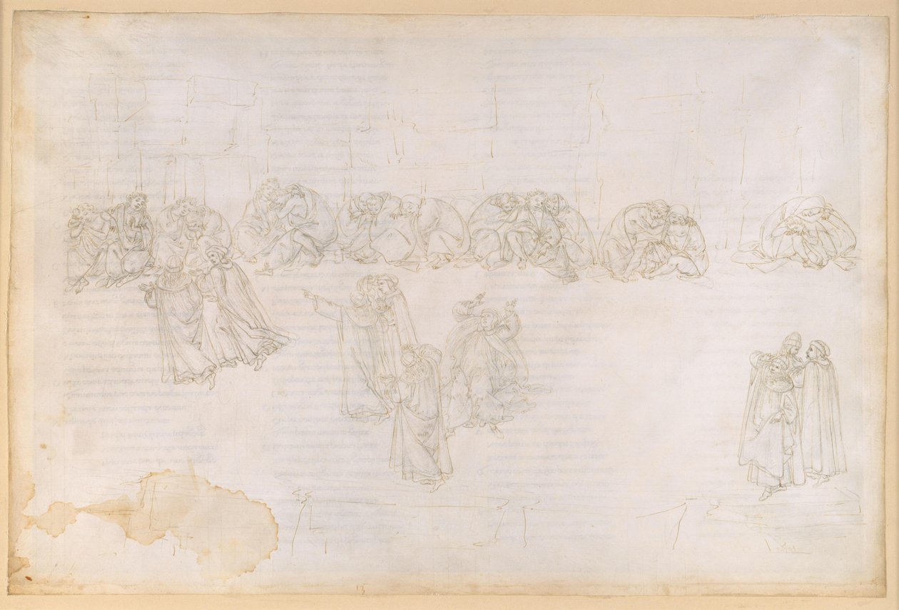 Die Göttliche Komödie, Purgatorio XIII. Zweiter Ring des Purgatoriums: Buße für Missgunst und Schadenfreude; Gespräch mit Sapia Salvani von Sandro Botticelli