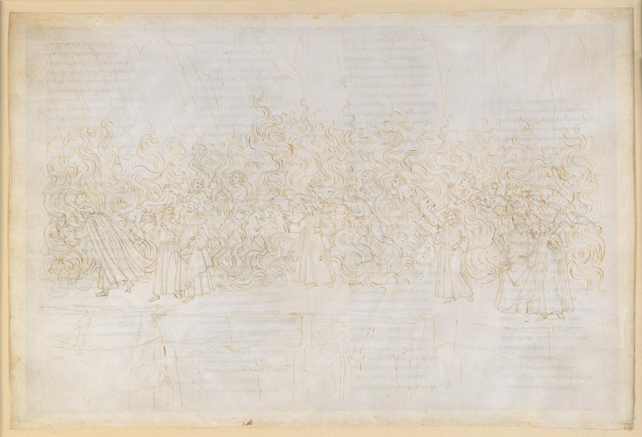 Die Göttliche Komödie, Purgatorio XXVI. Siebter Ring des Purgatoriums: Buße der Wollüstigen; Gespräch Dantes mit Guido Guinizelli von Sandro Botticelli