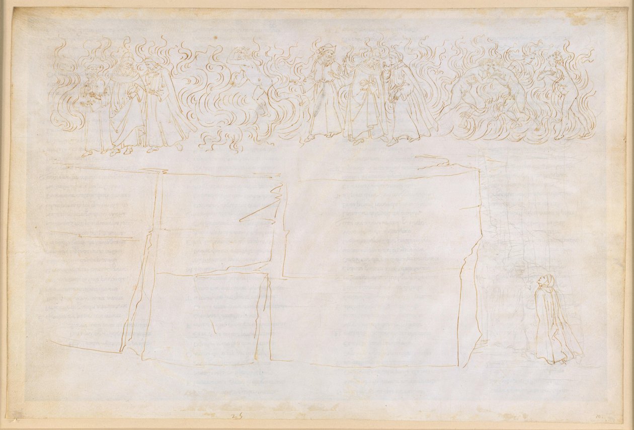 Die Göttliche Komödie, Purgatorio XXV. Aufstieg zum siebten Ring des Purgatoriums: Belehrung über die Leibhaftigkeit der Schatten; Buße der Wollüstigen von Sandro Botticelli