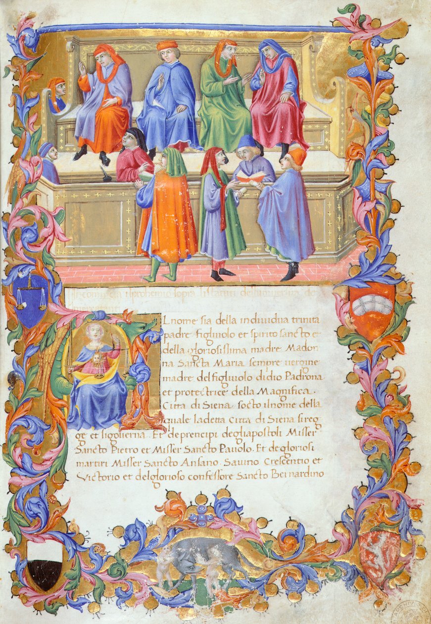 Das Tribunale della Mercanzia (Handelsgericht), Miniatur aus Statuten der Kaufleute Nr. 6 von Sano di Pietro von Sano di also Ansano di Pietro di Mencio Pietro