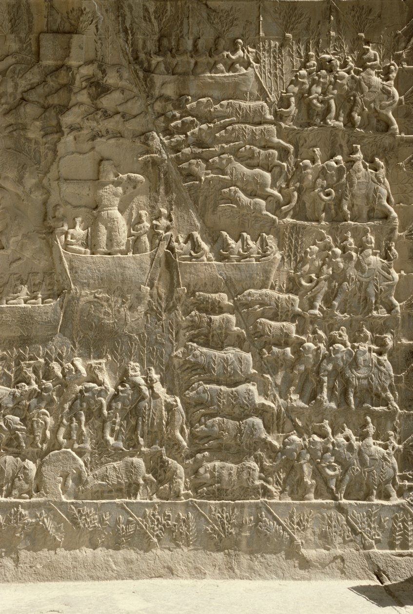 Eine königliche Wildschweinjagd, möglicherweise Khosrow II., der einen Pfeil von einem Boot aus schießt, Relief von der Seite der Aivans, ca. 620 von Sasanian School