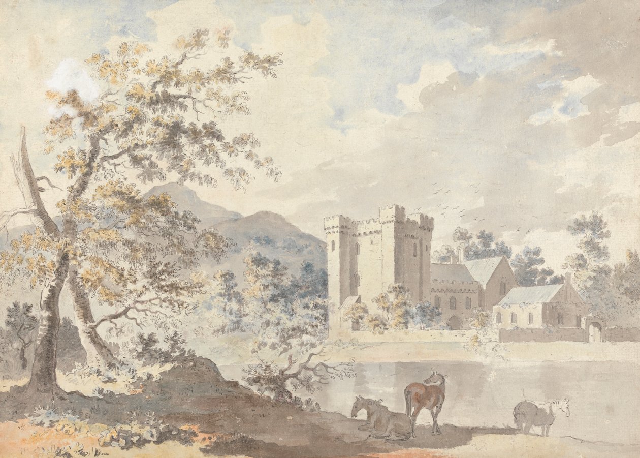 Schloss unter Bergen mit Pferden an einem Fluss von Sawrey Gilpin