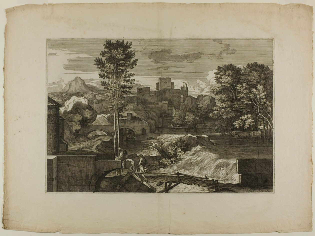 Wasserfall an einer Steinbrücke, mit Schloss in der Ferne von Sébastien Bourdon