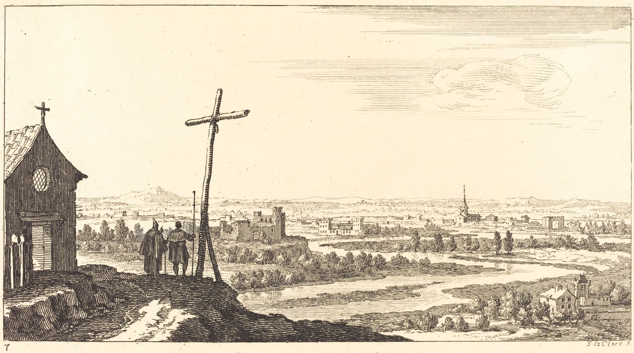 Landschaft mit Kirche und Stadt in der Ferne von Sébastien  Le Clerc I