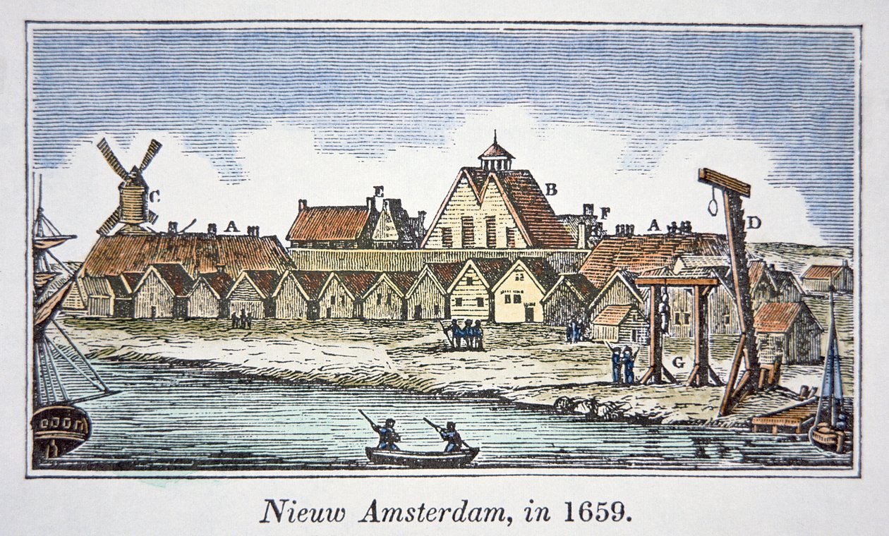 Neu-Amsterdam (später New York) auf der Insel Manhattan, aus einer Ansicht, die 1659 veröffentlicht wurde von School American