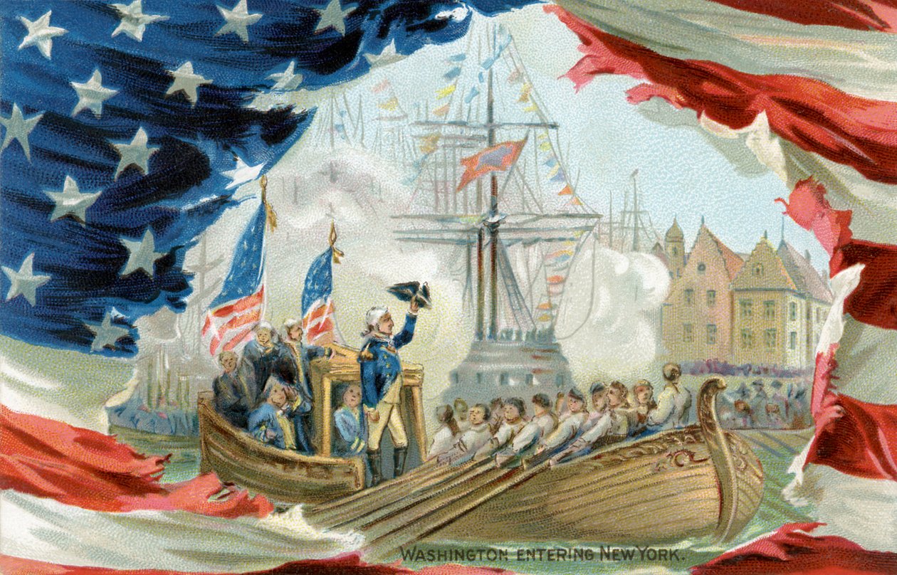 Postkarte, die George Washington beim Betreten von New York zeigt (Druck) von School American