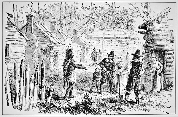 Samoset, Häuptling der Pemaquids, besucht die Pilgerväter im Jahr 1621 von School American