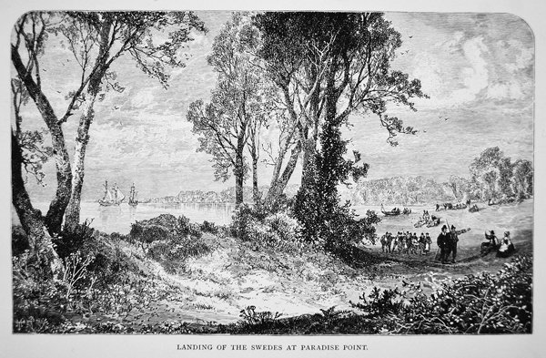 Schwedische Siedler landen 1638 am Paradise Point am Delaware River von School American