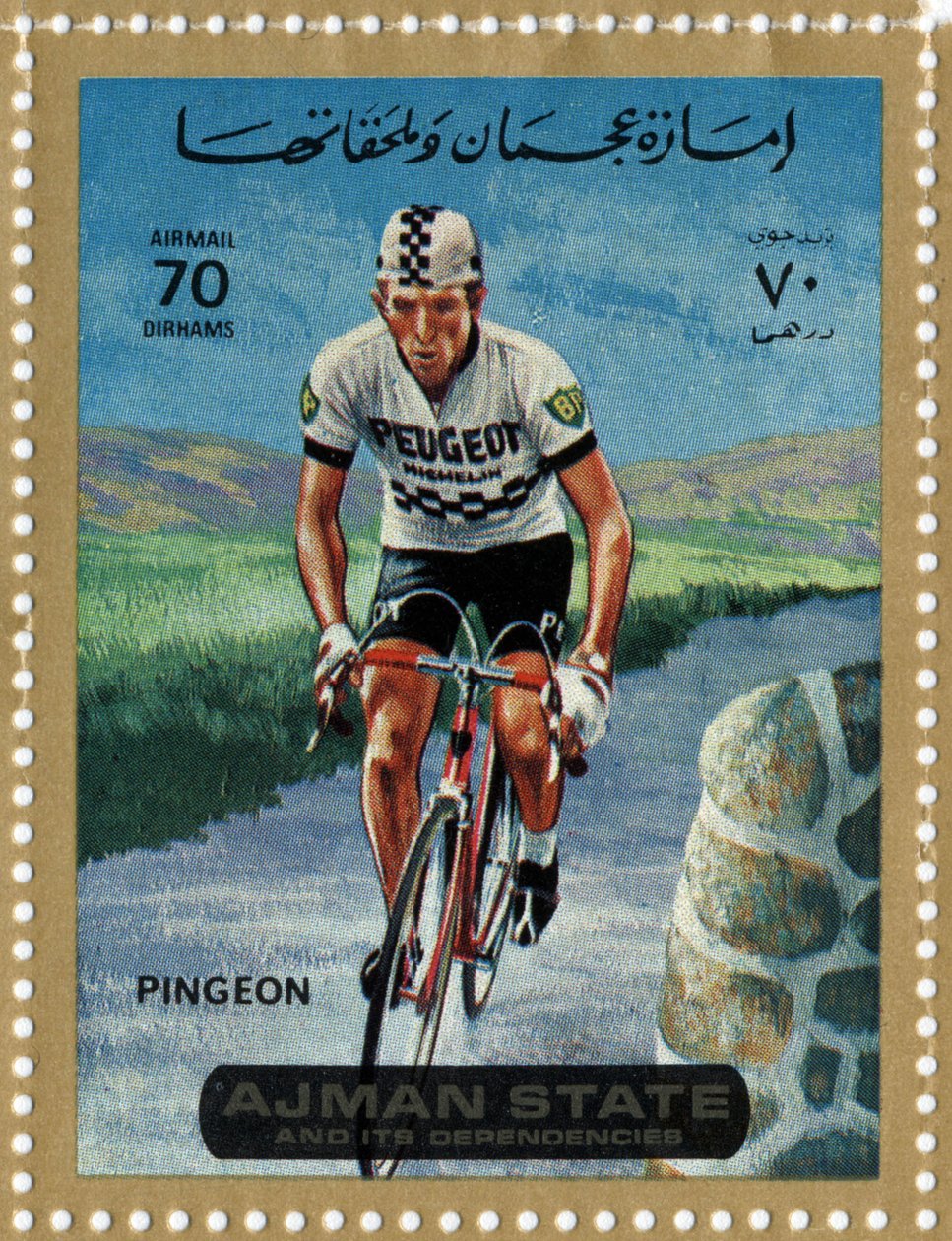 VAE-Briefmarke, die den Radfahrer Roger Pingeon (geb. 1940) darstellt von School Arabic