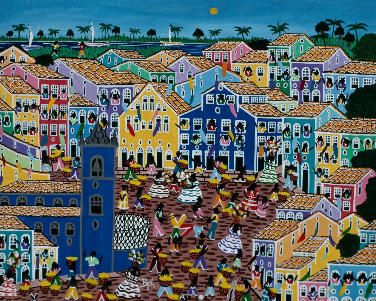 Naive Kunstmalerei, die einen Markt darstellt, Bahia, Brasilien von School Brazilian