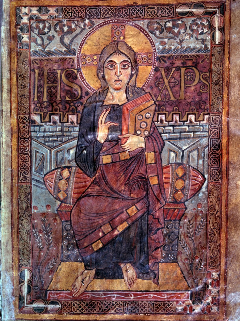 Karolingische Kunst: Christus in Majestät. Miniatur aus dem Manuskript Evangeliaire de Godescalc, Ecole du Palais de Charlemagne (Folio 3) Kopie von Godescalc aus dem Schatz von Saint-Sernin de Toulouse, Bibliothèque du Louvre, 781-783. BN, Paris von School Carolingian